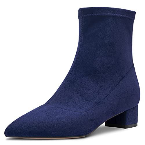 HEUIVZAR Damen Stiefeletten Mittlerem Blockabsatz Chunky Absatz Heel Geschlossene Spitze Zehenkappe Wildleder Schuhe Klassisch Reißverschluss Marineblau 3.5 CM 39 EU von HEUIVZAR