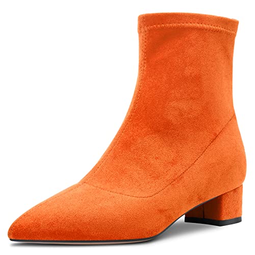 HEUIVZAR Damen Stiefeletten Mittlerem Blockabsatz Chunky Absatz Heel Geschlossene Spitze Zehenkappe Wildleder Schuhe Klassisch Reißverschluss Orange 3.5 CM 37 EU von HEUIVZAR