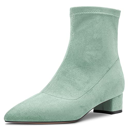 HEUIVZAR Damen Stiefeletten Mittlerem Blockabsatz Chunky Absatz Heel Geschlossene Spitze Zehenkappe Wildleder Schuhe Klassisch Reißverschluss Türkis Grün 3.5 CM 41 EU von HEUIVZAR