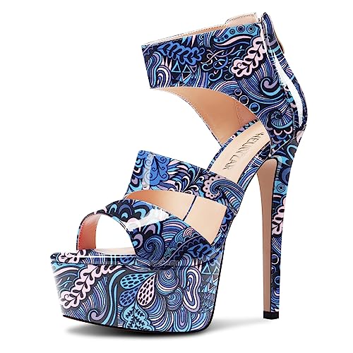 HEUIVZAR Damen Stiletto Hoher High Plateau Plattform Absatz Heel Open Zehenkappe Knöchelriemen Reißverschluss Sandalen Abschlussball Schuhe 15 CM Heels Blau Mehrfarbig 39 EU von HEUIVZAR