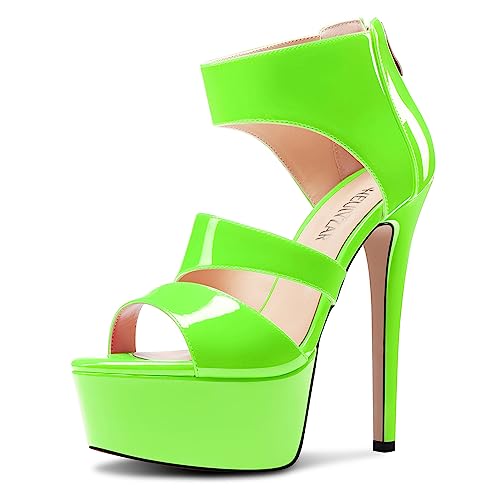 HEUIVZAR Damen Stiletto Hoher High Plateau Plattform Absatz Heel Open Zehenkappe Knöchelriemen Reißverschluss Sandalen Abschlussball Schuhe 15 CM Heels Grün A 40 EU von HEUIVZAR