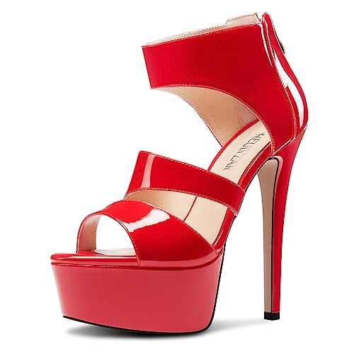 HEUIVZAR Damen Stiletto Hoher High Plateau Plattform Absatz Heel Open Zehenkappe Knöchelriemen Reißverschluss Sandalen Abschlussball Schuhe 15 CM Heels Rot 37 EU von HEUIVZAR