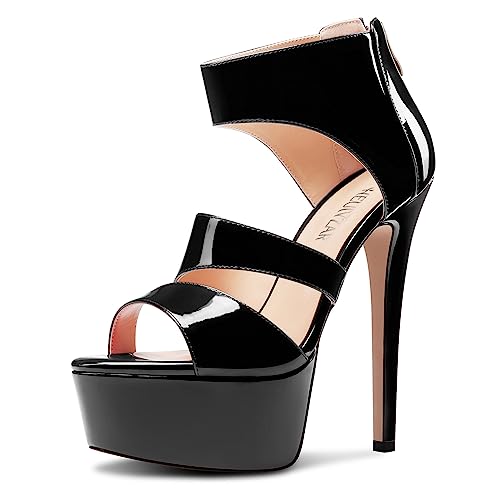 HEUIVZAR Damen Stiletto Hoher High Plateau Plattform Absatz Heel Open Zehenkappe Knöchelriemen Reißverschluss Sandalen Abschlussball Schuhe 15 CM Heels Schwarz 41 EU von HEUIVZAR