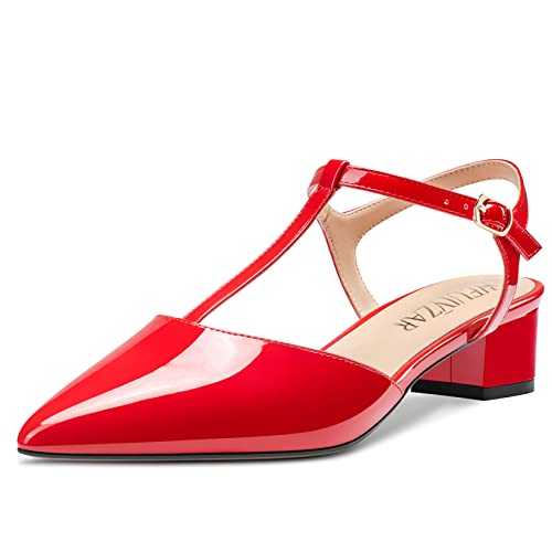 HEUIVZAR Damen T-strap Spitze Zehenkappe Pumps Sandalen Niedrige Blockabsatz Chunky Absatz Heel Knöchelriemen Slingback Lackleder Dress Schuhe Rot 3.5 CM 43 EU von HEUIVZAR