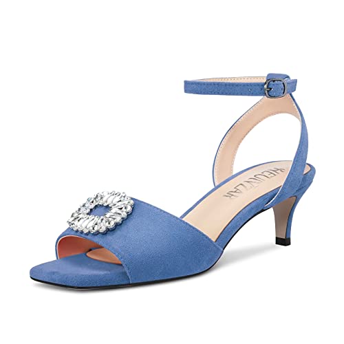 HEUIVZAR Mittlerem Kitten Absatz Heel Peep Open Zehenkappe Pumps Knöchelriemen Schnalle Diamant Kristall Hochzeit Cute 5 cm Heels Blau 38 EU von HEUIVZAR