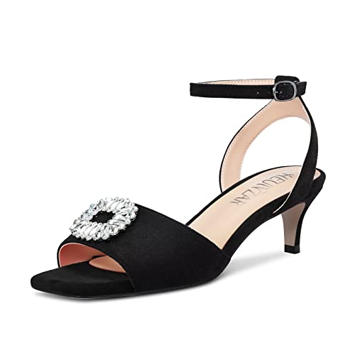 HEUIVZAR Mittlerem Kitten Absatz Heel Peep Open Zehenkappe Pumps Knöchelriemen Schnalle Diamant Kristall Hochzeit Cute 5 cm Heels Schwarz 43 EU von HEUIVZAR