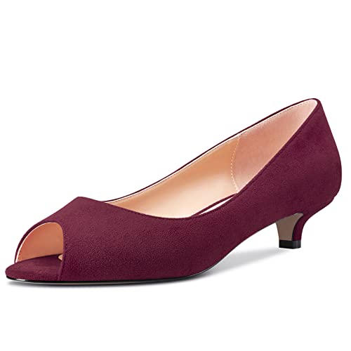 HEUIVZAR Pumps für Damen Open Peep Zehenkappe Niedrige Kitten Absatz Heel Slip-on Wildleder Casual Komfort Dress Schuhe Burgundisch Rot 3.5 cm 43 EU von HEUIVZAR