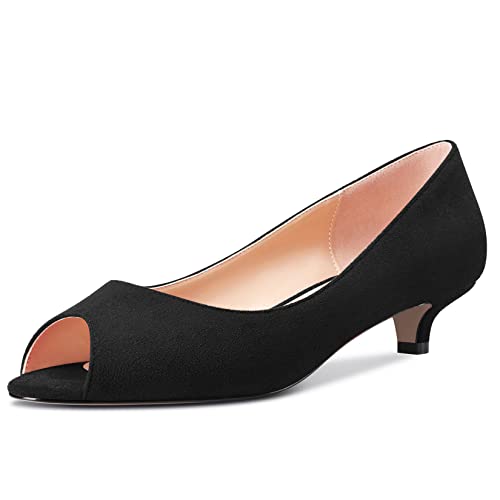 HEUIVZAR Pumps für Damen Open Peep Zehenkappe Niedrige Kitten Absatz Heel Slip-on Wildleder Casual Komfort Dress Schuhe Schwarz 3.5 cm 38 EU von HEUIVZAR