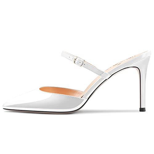 HEUIVZAR Pumps für Damen Slingback Knöchelriemen Two-Piece Spitze Zehenkappe Stiletto Mittlerem Hoher High Absatz Heel Pumps Lackleder Shopping Urlaub Weiß 8 cm 44 EU von HEUIVZAR