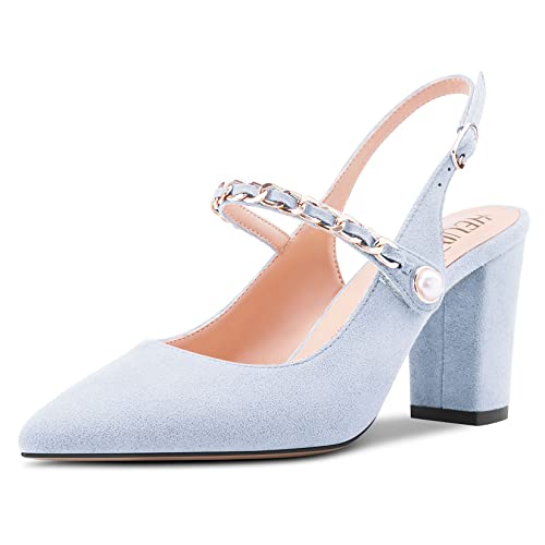 HEUIVZAR Pumps für Damen Slingback Spitze Zehenkappe Blockabsatz Chunky Hoher High Absatz Heel Knöchelriemen Sandalen Wildleder Dress Schuhe Bräutigam Hochzeit Himmelblau 8 cm 39 EU von HEUIVZAR