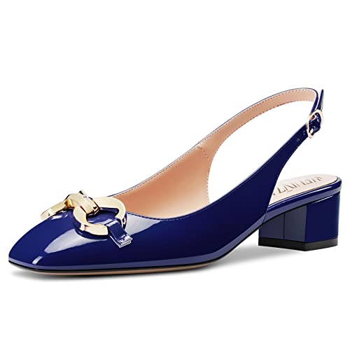 HEUIVZAR Slingback Pumps für Damen Eckige Zehenkappe Niedrige Blockabsatz Chunky Absatz Heel Knöchelriemen Lackleder Casual Komfort Dress Schuhe Marineblau 3.5 cm 39 EU von HEUIVZAR