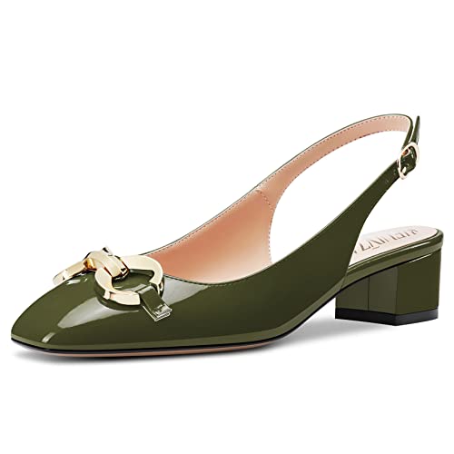 HEUIVZAR Slingback Pumps für Damen Eckige Zehenkappe Niedrige Blockabsatz Chunky Absatz Heel Knöchelriemen Lackleder Casual Komfort Dress Schuhe Olive Grün 3.5 cm 38 EU von HEUIVZAR