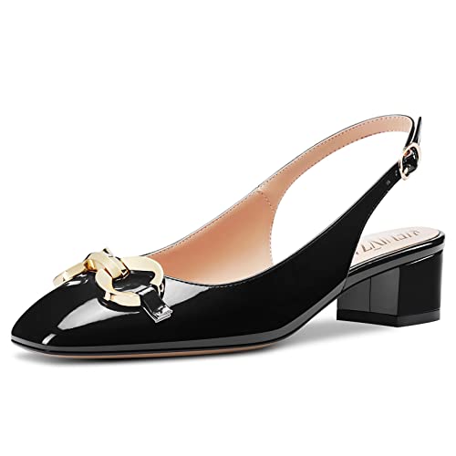 HEUIVZAR Slingback Pumps für Damen Eckige Zehenkappe Niedrige Blockabsatz Chunky Absatz Heel Knöchelriemen Lackleder Casual Komfort Dress Schuhe Schwarz 3.5 cm 43 EU von HEUIVZAR
