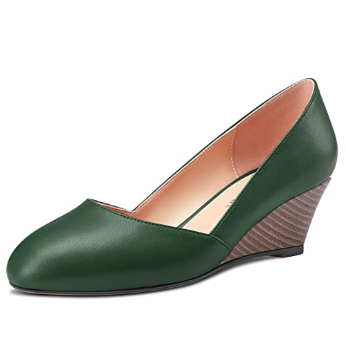 HEUIVZAR Slip-on Keilabsatz Pumps für Damen Geschlossene Runde Zehenkappe Mittlerem Blockabsatz Chunky Absatz Heel Two-Piece Matt Casual Komfort Dress Schuhe Grün 2 5 cm 44 EU von HEUIVZAR