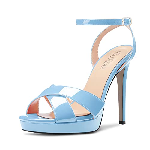HEUIVZAR Stiletto Hoher High Plateau Plattform Absatz Heel Peep Open Zehenkappe Sandalen Knöchelriemen Kreuzriemen Abschlussball Dress 12 CM Heels Hellblau 36 EU von HEUIVZAR