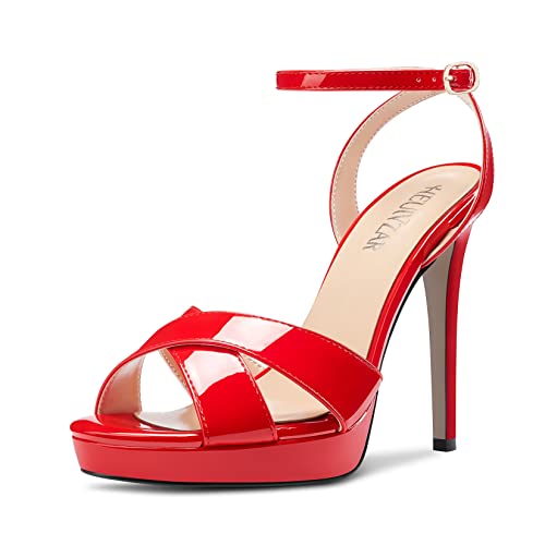HEUIVZAR Stiletto Hoher High Plateau Plattform Absatz Heel Peep Open Zehenkappe Sandalen Knöchelriemen Kreuzriemen Abschlussball Dress 12 CM Heels Rot 36 EU von HEUIVZAR