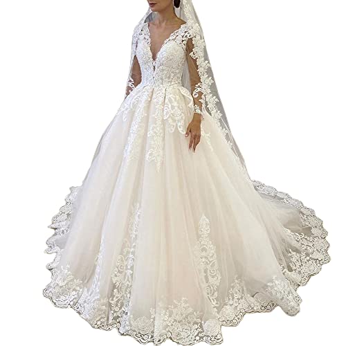 HEULORIA brautkleid Prinzessin V Ausschnitt Langarm hochzeitskleid Spitze Große Größen Glitzer mit langem Zug BA-N-VL (as3, Numeric, Numeric_46, Regular, Regular, Ivory) von HEULORIA