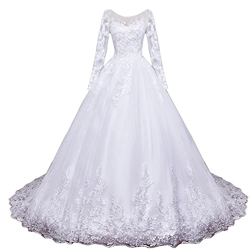 HEULORIA Brautkleider hochzeitskleider Prinzessin Langarm Spitze hochzeitskleid Große Größen mit langem Zug BA-N-OL (as3, Numeric, Numeric_38, Regular, Regular, White) von HEULORIA