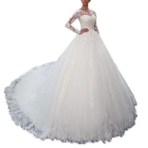 HEULORIA brautkleid Prinzessin Spitze Langarm hochzeitskleid Große Größen mit langem Zug BA-DDL-BA (as3, Numeric, Numeric_42, Regular, Regular, White) von HEULORIA