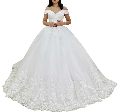 HEULORIA brautkleid Prinzessin Spitze Off Shoulder hochzeitskleider Große Größen mit langem Zug BA-OF0811 (56 Plus, White) von HEULORIA