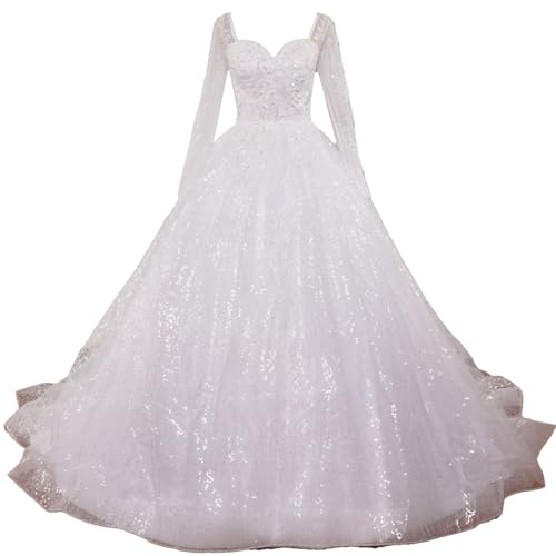 HEULORIA brautkleid Prinzessin Spitze Perlen Langarm hochzeitskleider Große Größen mit langem Zug BA-SL0915 (44, White) von HEULORIA