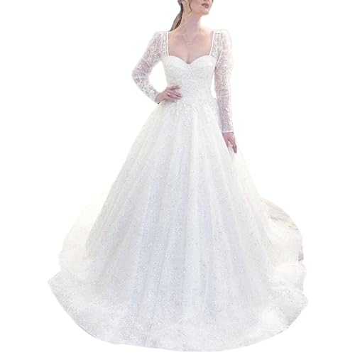 HEULORIA brautkleid Prinzessin Spitze Perlen Langarm hochzeitskleider Große Größen mit langem Zug BA-SL0915W (DE/NL/SE/PL, Numerisch, 44, Regular, Regular, White) von HEULORIA