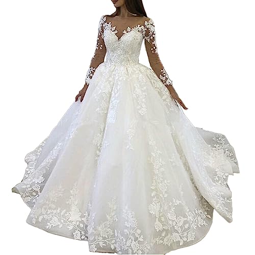 HEULORIA brautkleid Prinzessin Spitze V Ausschnitt Langarm hochzeitskleider Große Größen mit langem Zug BA-VL-0627 (as3, Numeric, Numeric_50, Plus, Regular, Ivory) von HEULORIA