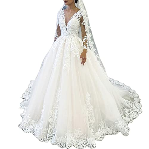 HEULORIA brautkleid Prinzessin V Ausschnitt Langarm hochzeitskleid Spitze Große Größen Glitzer mit langem Zug BA-N-VL (as3, Numeric, Numeric_34, Regular, Regular, White) von HEULORIA