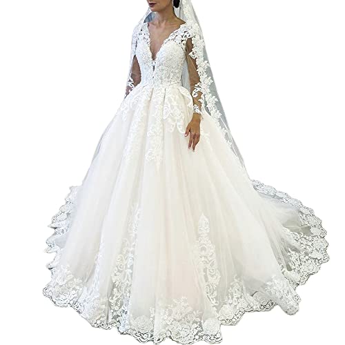 HEULORIA brautkleid Prinzessin V Ausschnitt Langarm hochzeitskleid Spitze Große Größen Glitzer mit langem Zug BA-N-VL (as3, Numeric, Numeric_44, Regular, Regular, White) von HEULORIA