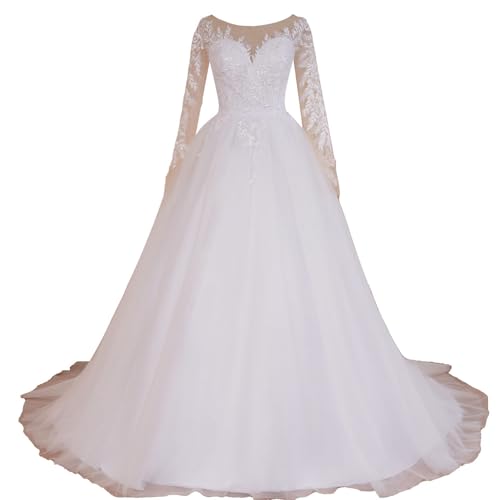 HEULORIA brautkleid a Linie Langarm hochzeitskleid Boho Spitze mit langem Zug AL-VL-240112 (DE/NL/SE/PL, Numerisch, 56, Große Größen, Regular, White) von HEULORIA