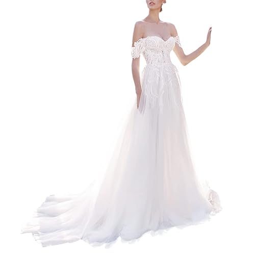 HEULORIA brautkleid a Linie Spitze Off Shoulder hochzeitskleid Boho Große Größen mit langem Zug AL-OF-0556 (as3, Numeric, Numeric_38, Regular, Regular, White) von HEULORIA