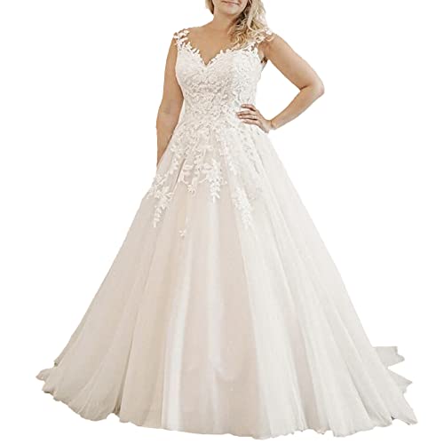 HEULORIA brautkleid a Linie Spitze hochzeitskleid Boho V Ausschnitt Große Größen mit langem Zug AL-VN-0555 (as3, Numeric, Numeric_48, Plus, Regular, Ivory) von HEULORIA