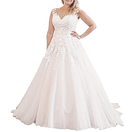 HEULORIA brautkleid a Linie Spitze hochzeitskleid Boho V Ausschnitt Große Größen mit langem Zug AL-VN-0555 (as3, Numeric, Numeric_52, Plus, Regular, White) von HEULORIA