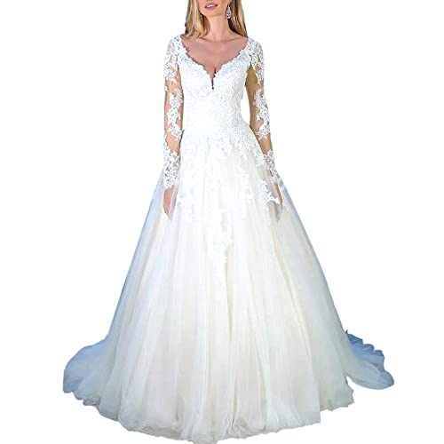 HEULORIA brautkleid a Linie Spitze hochzeitskleid bohoV Ausschnitt Langarm Große Größen mit langem Zug AL-VNW-0539 (as3, Numeric, Numeric_50, Plus, Regular, Ivory) von HEULORIA