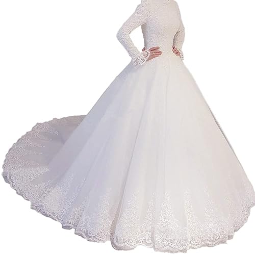 HEULORIA muslimisches Brautkleid Prinzessin Langarm Spitze hochzeitskleid Glitzer Große Größen mit langem Zug BA-MU-0525 (as3, Numeric, Numeric_44, Regular, Regular, White) von HEULORIA