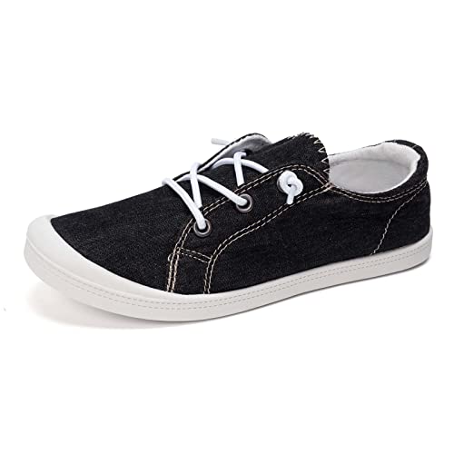 HEVA Damen Canvas Slip-On Sneakers Mode Casual Canvas Schuhe Bequeme Wanderschuhe(6.5UK 40EU, Schwarz) von HEVA
