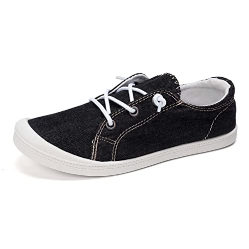 HEVA Damen Canvas Slip-On Sneakers Mode Casual Canvas Schuhe Bequeme Wanderschuhe(7UK 41EU, Schwarz) von HEVA