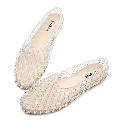 HEVA Damen Jelly Mesh Flats Atmungsaktiv Klar Hohlschuhe Sommer Strand Gelees Ballettsandalen, Transparent, 39.5 EU von HEVA