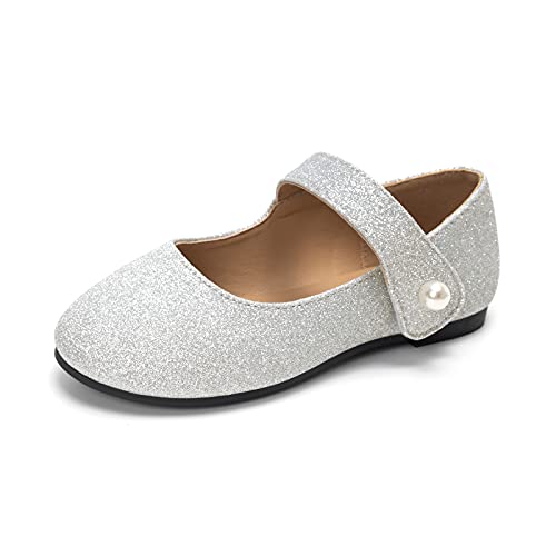 HEVA Klassische Mary-Jane-Schuhe für Mädchen mit Klettverschluss, Flache Schuhe für Hochzeitskleider Schulschuhe(8.5UK 26EU,Glitzersilber) von HEVA