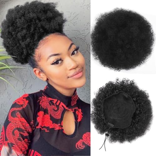 HEVAYO KISS Afro Puff Pferdeschwanz mit Kordelzug, kurze synthetische lockige Dutt-Haarverlängerung, Hochsteckfrisur, Haarverlängerung für schwarze Frauen und Mädchen (1B Naturschwarz) von HEVAYO KISS