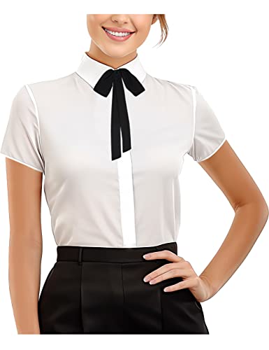 HEVENTON Bluse mit Schleife Damen Regular-Fit Kurzarm Business Elegant in hellem Creme Größe 34 von HEVENTON