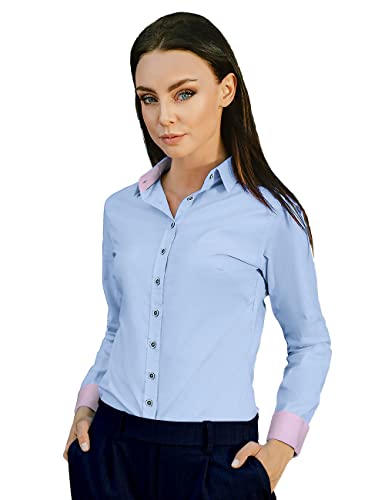 HEVENTON Hemdbluse Damen Slim-Fit Langarm Business Elegant in Blau Größe 40 von HEVENTON