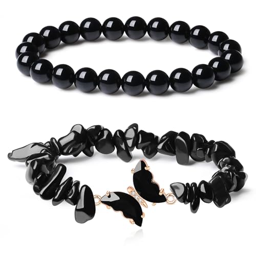 HEVIBK 2 PCS Kristall Stein Armbänder, Schmetterling Amethyst Kristall Chip Armband Muster, Energie Heilung Perlen für Frauen (Schwarz) von HEVIBK