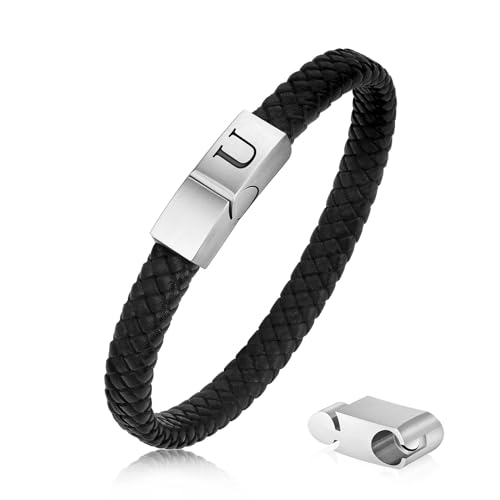 Lederarmband Herren Armband Einstellbare Länge mit Buchstaben Edelstahl Gravur A-Z Buchstabe Armband Männer Schwarz Geflochten Leder Armband mit Magnetverschluss Lederarmband Herren Armband Einstellbare Länge mit Buchstaben Edelstahl Gravur A-Z Buchstabe Armband Männer Schwarz Geflochten Leder Armband mit Magnetverschluss von HEVIBK