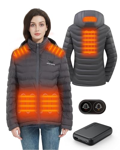 HEWINZE Beheizbare Jacke Damen mit kapuze,Warme Pufferjacke Damen mit akku 7.4V,Doppelschaltersteuerung Winterjacke für Outdoor Wandern Jagd Motorrad Camping von HEWINZE