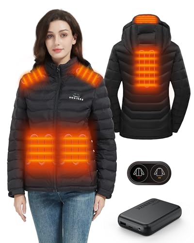 HEWINZE Beheizbare Jacke Damen mit kapuze,Warme Pufferjacke Damen mit akku 7.4V,Doppelschaltersteuerung Winterjacke für Outdoor Wandern Jagd Motorrad Camping von HEWINZE