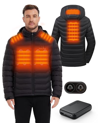 HEWINZE Beheizbare Jacke Herren mit kapuze,Warme Pufferjacke Damen mit akku 7.4V,Doppelschaltersteuerung Winterjacke für Outdoor Wandern Jagd Motorrad Camping. von HEWINZE