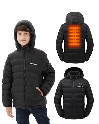 HEWINZE Beheizte Jacke für Kinder, leichter, wasserabweisender, beheizter Puffermantel mit Kapuze für Kinder mit 5-V-Akku von HEWINZE