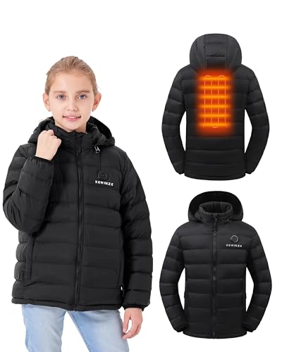 HEWINZE Beheizte Jacke für Kinder, leichter, wasserabweisender, beheizter Puffermantel mit Kapuze für Kinder mit 5-V-Akku von HEWINZE