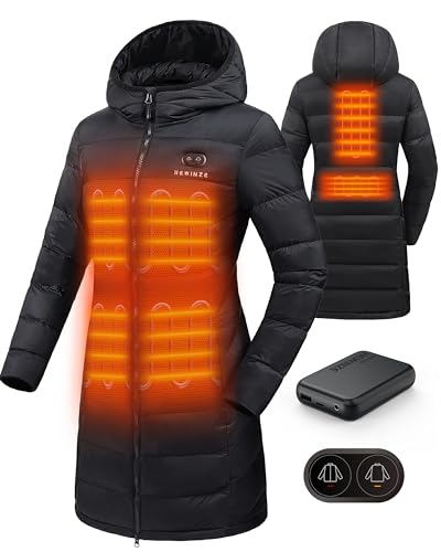 HEWINZE Beheizter Puffermantel mit Kapuze für Damen – elektrische Dual-Control-Heizjacke mit 7,4-V-Akku, EU X-Klein, Schwarz von HEWINZE